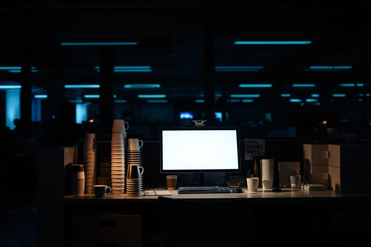 深夜空荡的办公室工位，加班文化下的程序员工作场景