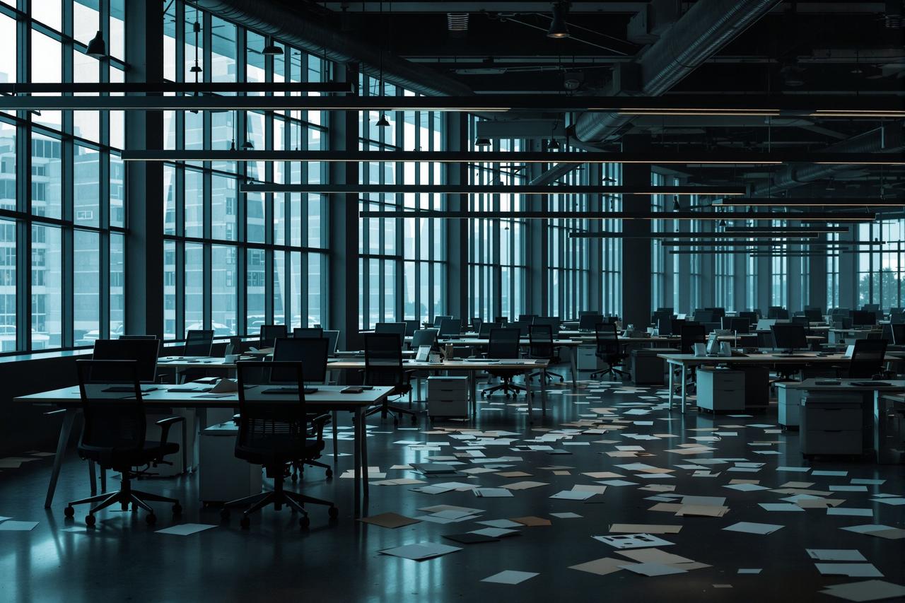 某视频平台办公室场景，暗示大规模裁员氛围